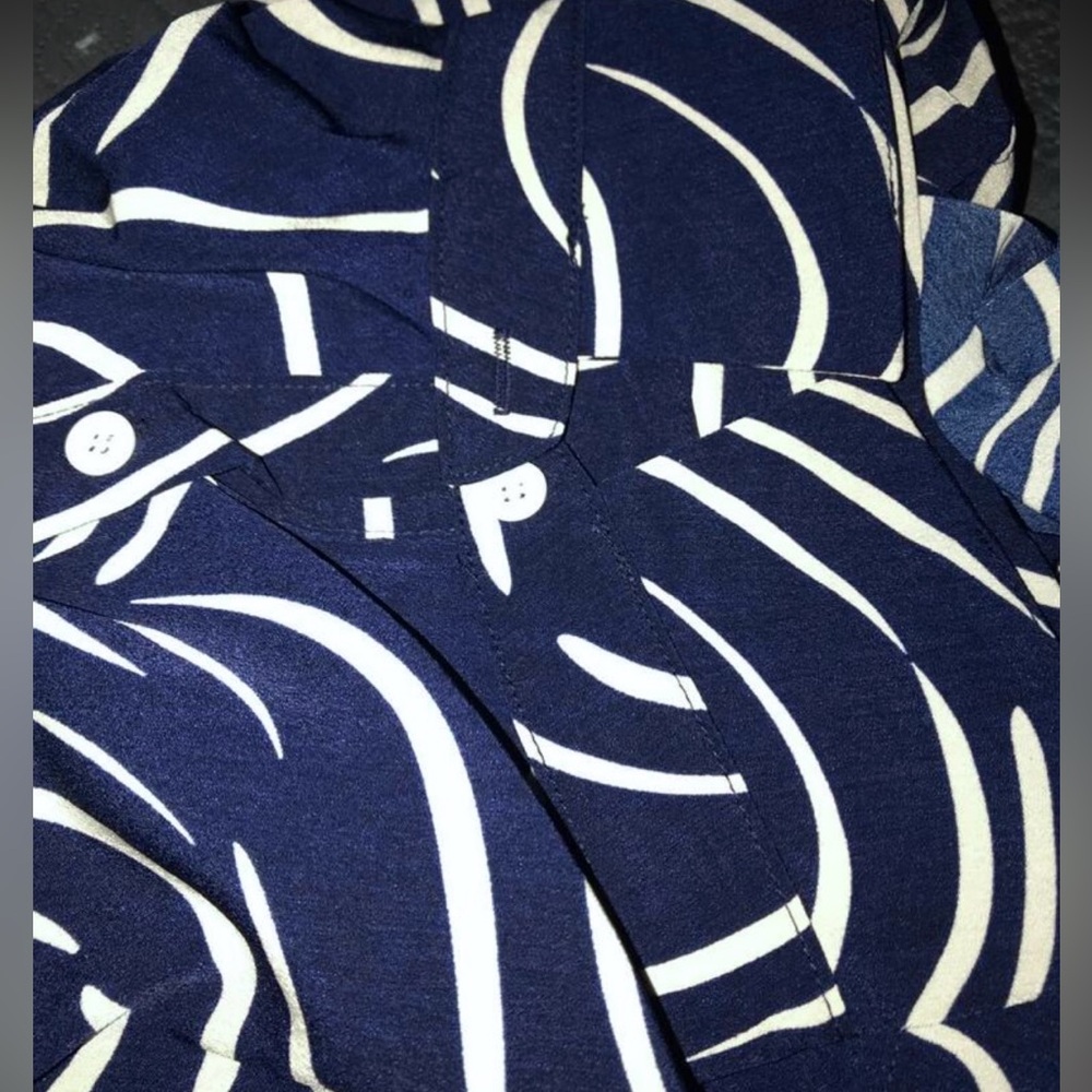 Abstract Print Button Down Collared Long Sleeve Dress Shirt Top Navy Blue - Picture 8 of 8